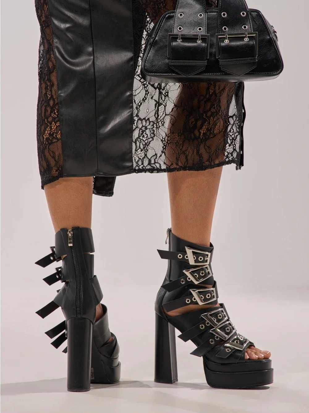 Women's Black Strappy Platform Heels with Buckles